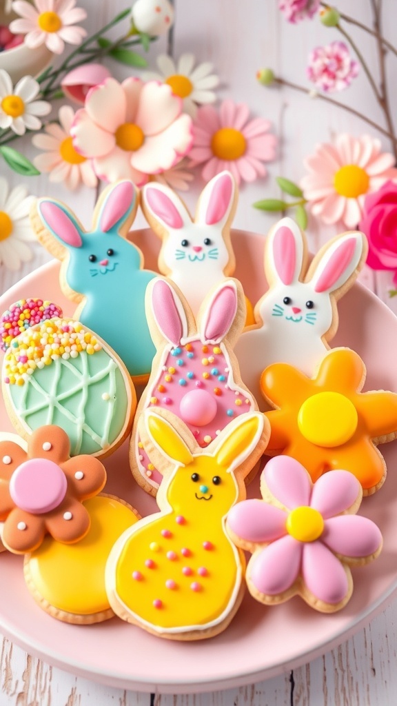 Festive Easter Sugar Cookies Recipe Decorated Easter sugar cookies in bunny, egg, and flower shapes on a pastel plate.